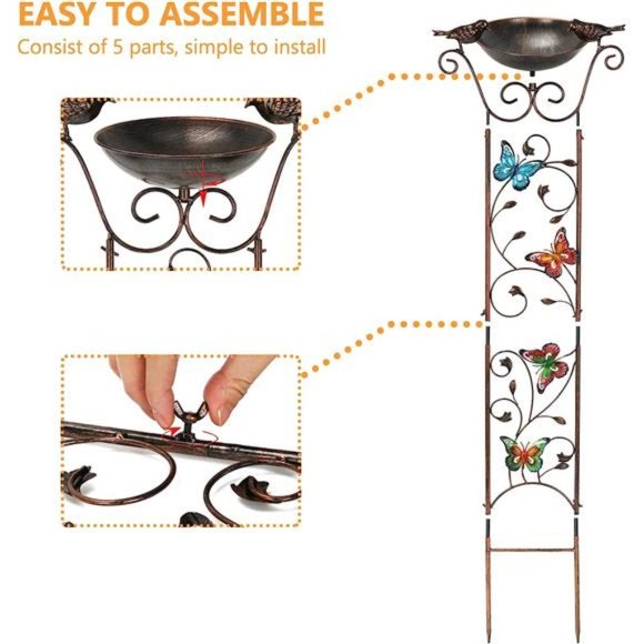 Bird Bath with Trellis Outdoor,Antique Garden Iron Plant Trellis with Decorative - Picture 5 of 6